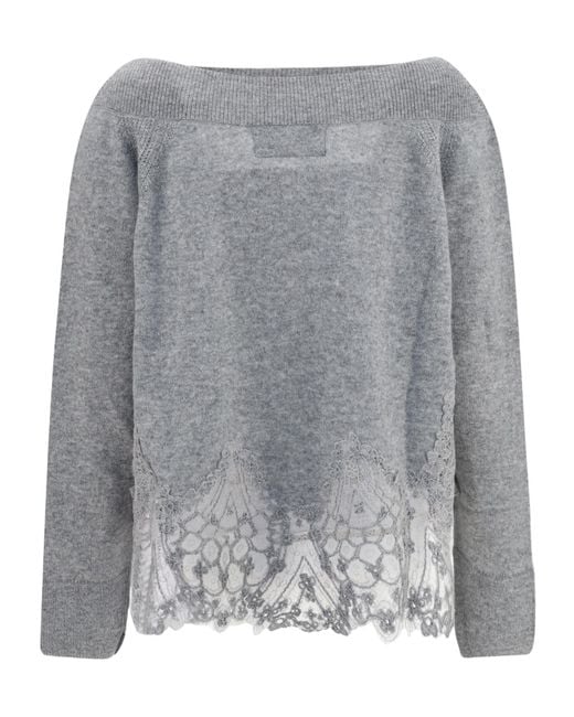 Ermanno Scervino Gray Lace Trim Jumper