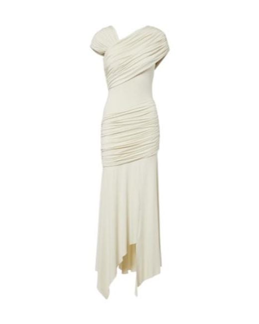 De La Vali White Hela Draped Asymmetric Jersey Midi Dress