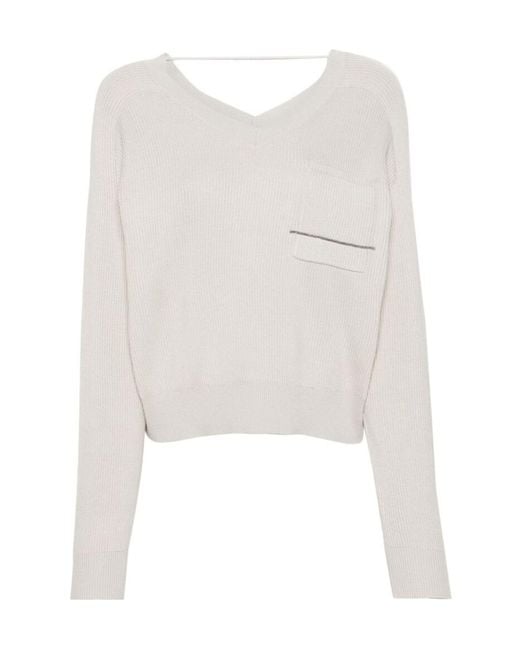 Brunello Cucinelli White Monili-Chain Cotton Jumper