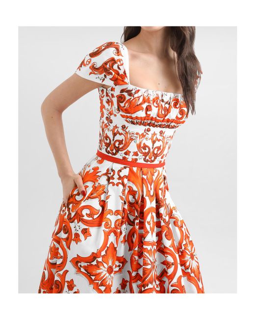 Dolce & Gabbana Red Cotton Majolica Print Midi Dress