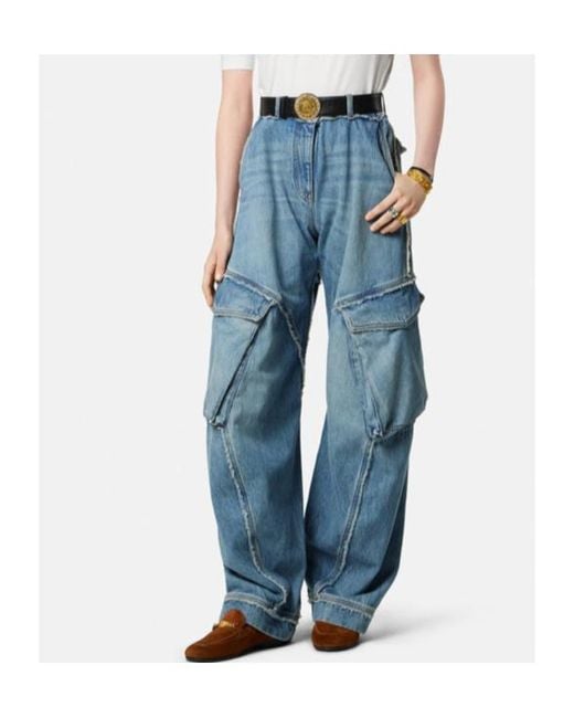 Versace Blue Logo-Rise Cargo Jeans