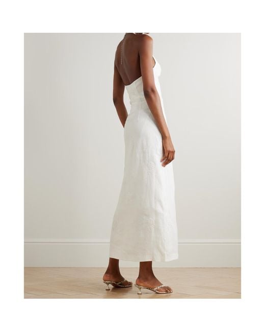 Sir White Alessandra Twist-Front Embroidered Linen Halterneck Midi Dress