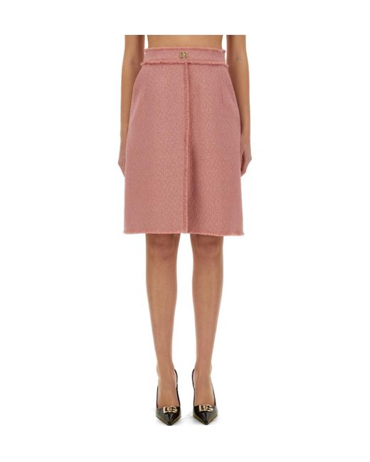 Dolce & Gabbana Pink Logo Plaque Frayed Hem Midi Skirt