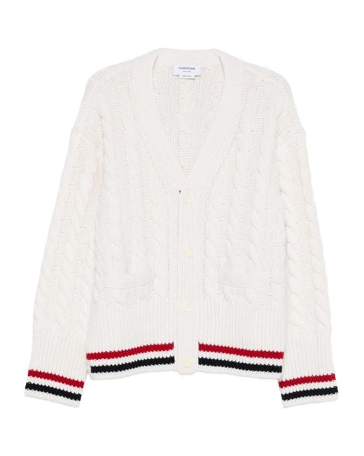 Thom Browne White V-Neck Long-Sleeved Knitted Sweater for men