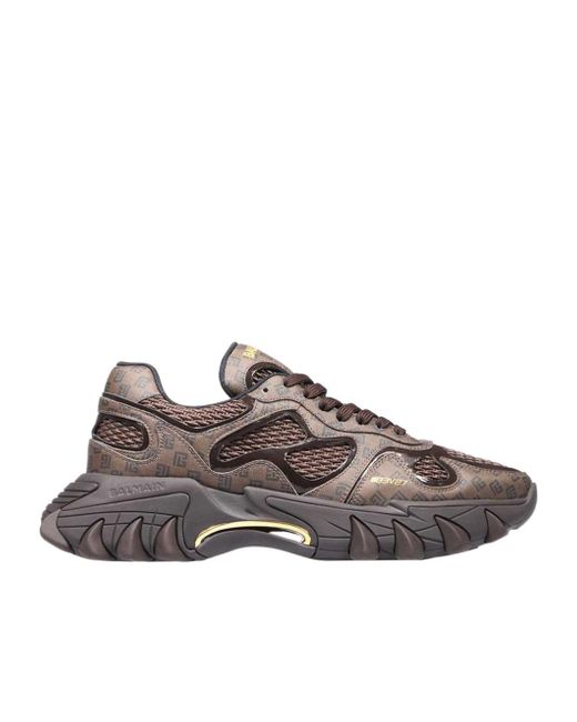 Balmain Brown B-East Monogram-Print Panelled Sneakers for men
