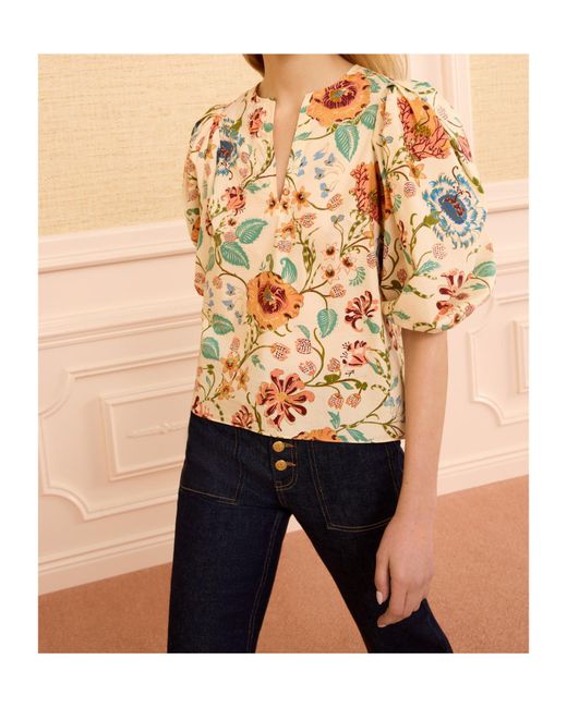 Ulla Johnson Natural Floral Print Puff Sleeve Cotton Top