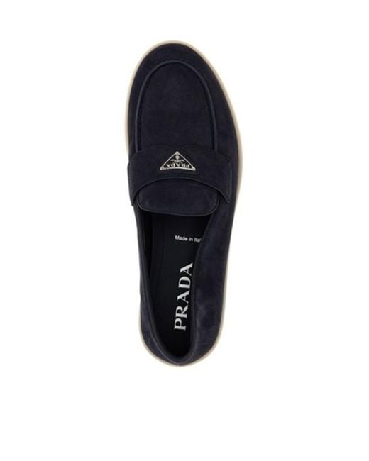 Prada Blue Logo Plaque Almond Toe Loafers for men