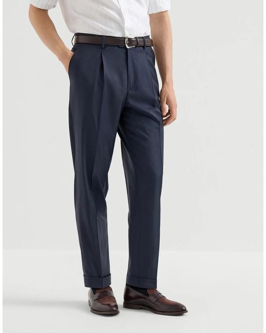 Brunello Cucinelli Blue Super 150S Virgin Wool Four Season Batavia Trousers With Pleat for men