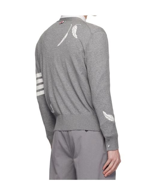 Thom Browne Gray Feather Intarsia-Bar Cardigan for men