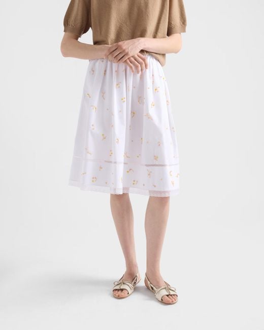 Prada White Embroidered Poplin Midi Skirt
