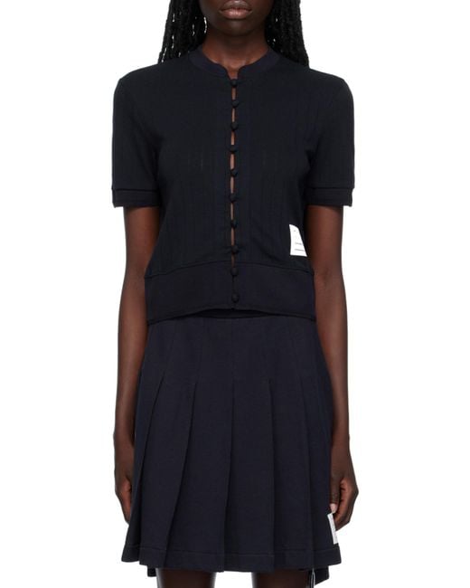 Thom Browne Blue Pointelle Knit Short-Sleeve Cardigan