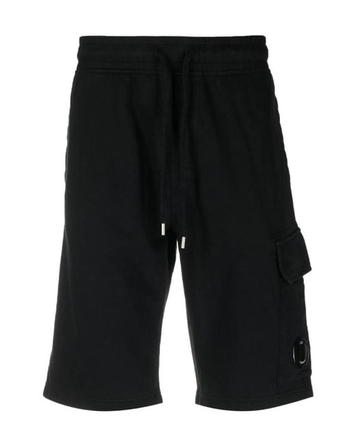 C P Company Black Logo Plaque Cotton Shorts for men