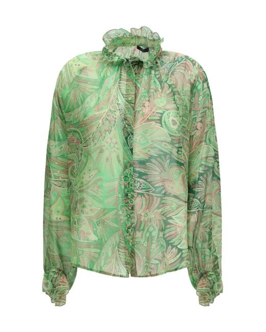 Etro Green Paisley Ruffled Sheer Top