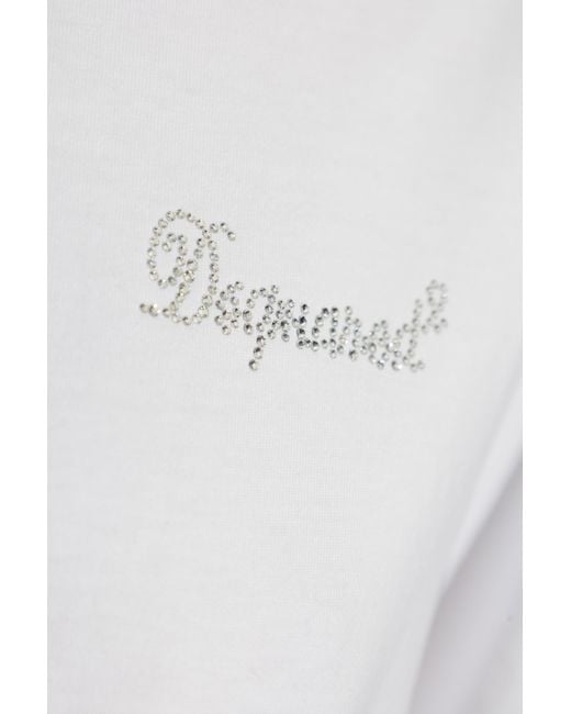 DSquared² White Logo Rhinestone Embellished Crewneck T-Shirt