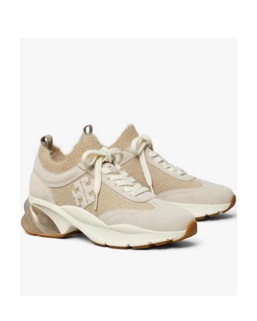 Tory Burch White Logo Patch Knitted Lace-Up Sneakers