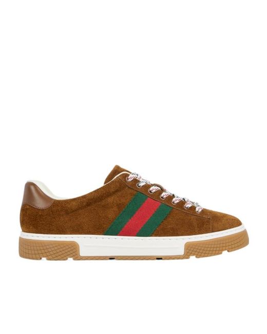 Gucci Brown Ace Sneaker With Web, Suede for men