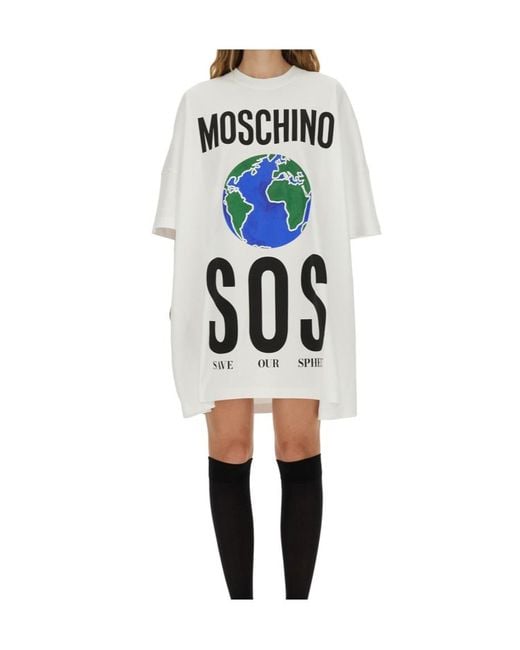 Moschino White Logo-Printed Crewneck Dress
