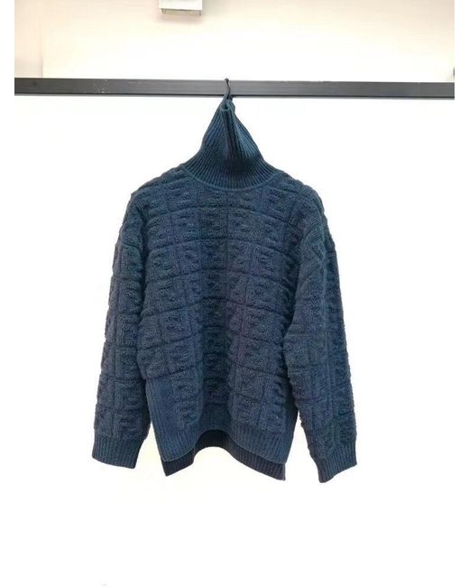 Fendi Blue Knitted Ff Motif Patterned Sweater