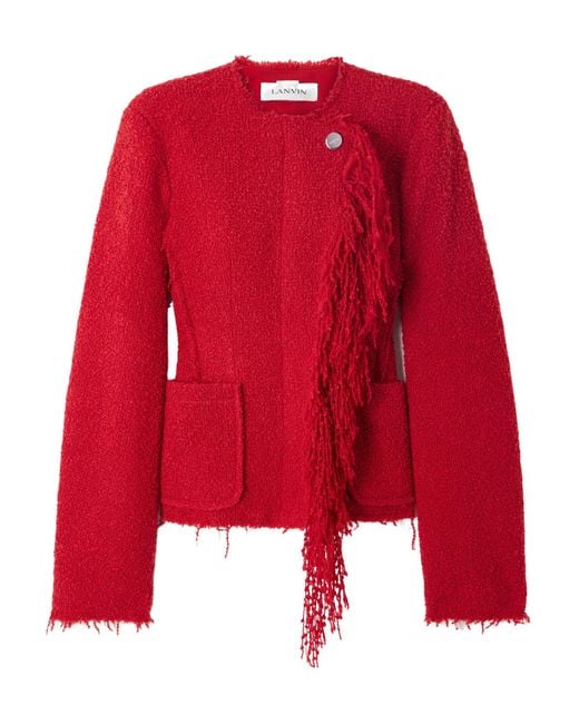 Lanvin Red Fringed Wool-Blend Bouclè Jacket