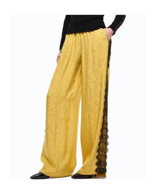 Pinko Yellow Lace-Trim Floral-Jacquard Trousers