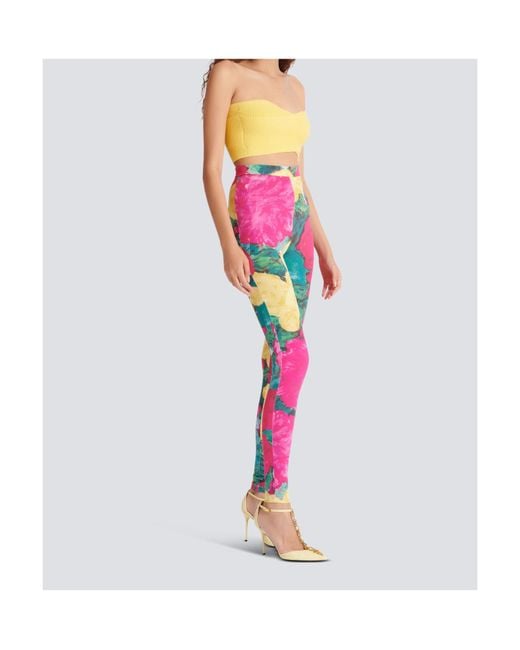 Balmain Pink Jersey Leggings With Roses Print
