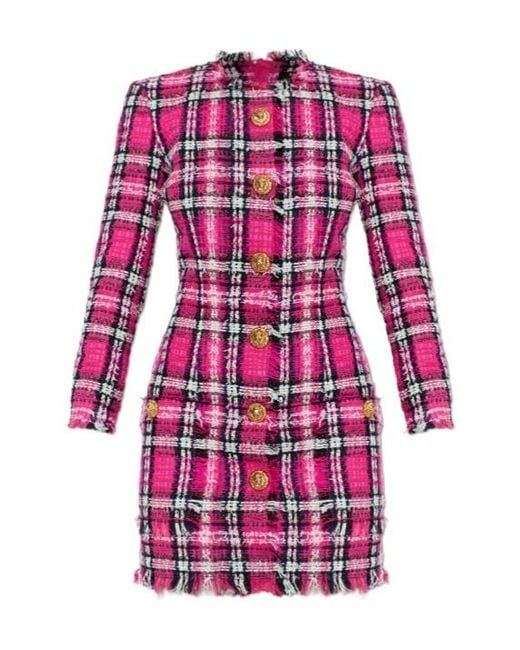 Balmain Red Checked Tweed Mini Dress