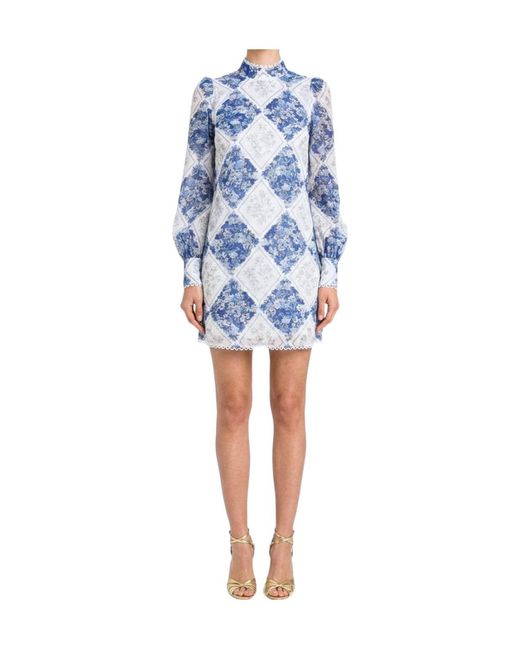 Twinset Blue Long-Sleeve Floral-Detail Mini Dress