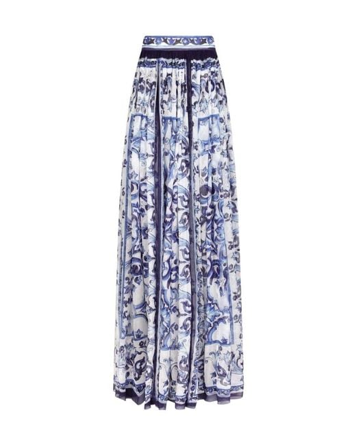 Dolce & Gabbana Blue Long Majolica-Printed Chiffon Skirt