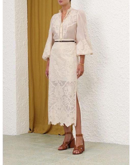 Zimmermann Natural Ottie Floral-Embroidered Midi Skirt