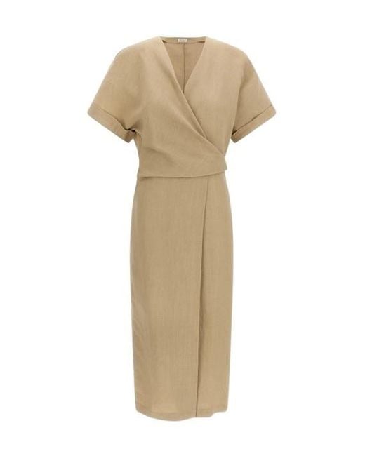 Brunello Cucinelli Natural V-Neck Short Sleeved Dress