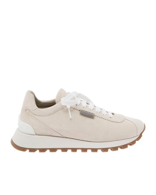 Brunello Cucinelli White Round-Toe Lace-Up Sneakers