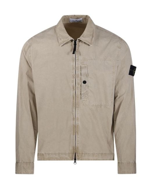 Stone Island Gray Compass Patch Zip-Up Shirt Jacket for men