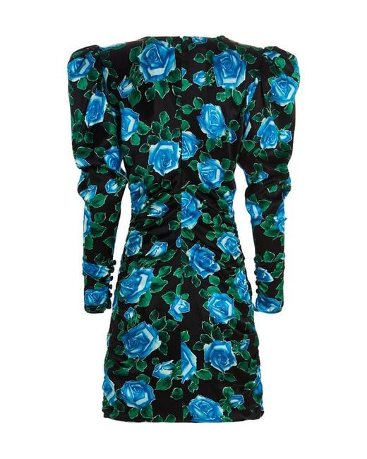 Alessandra Rich Blue Rose Printed Satin Draped Mini Dress