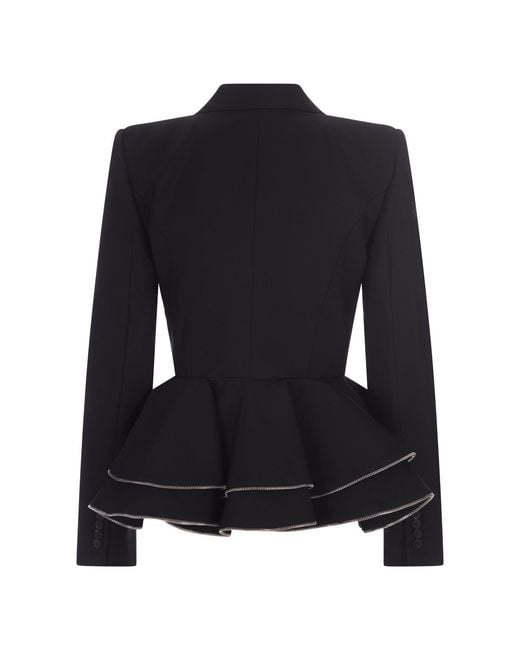 McQueen Black Zipped Peplum Double-Breasted Blazer