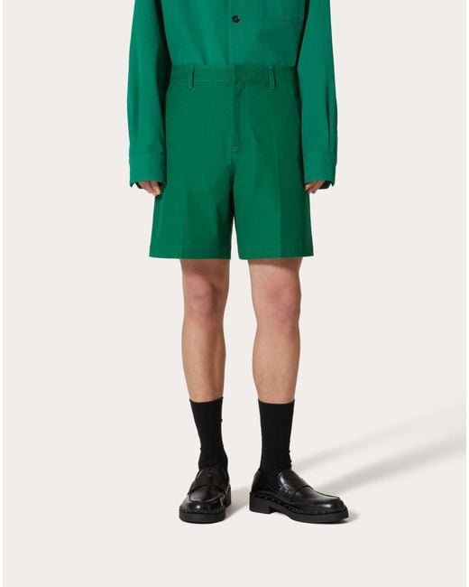 Valentino Green Stretch Cotton Canvas Shorts With Rubberized V-Detail for men