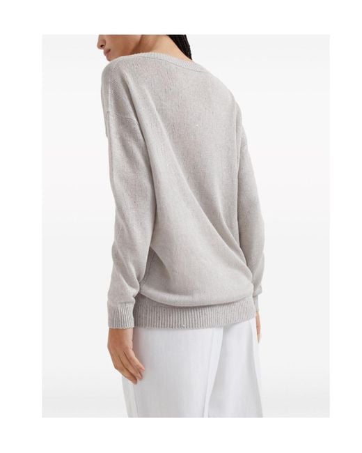 Brunello Cucinelli White Sequin-Embellished V-Neck Jumper