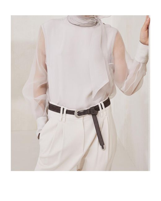 Brunello Cucinelli White Bow Detailed High Neck Blouse