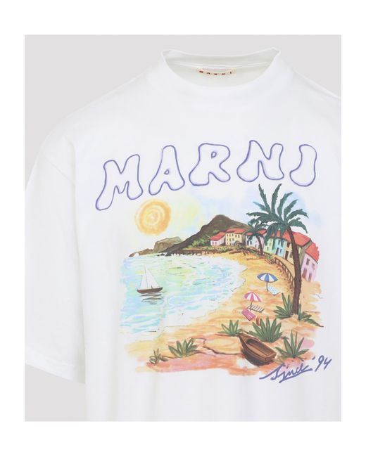 Marni White Coastal-Scene Crewneck T-Shirt for men