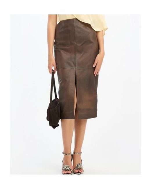 ROTATE BIRGER CHRISTENSEN Brown Front-Slit Leather Pencil Skirt