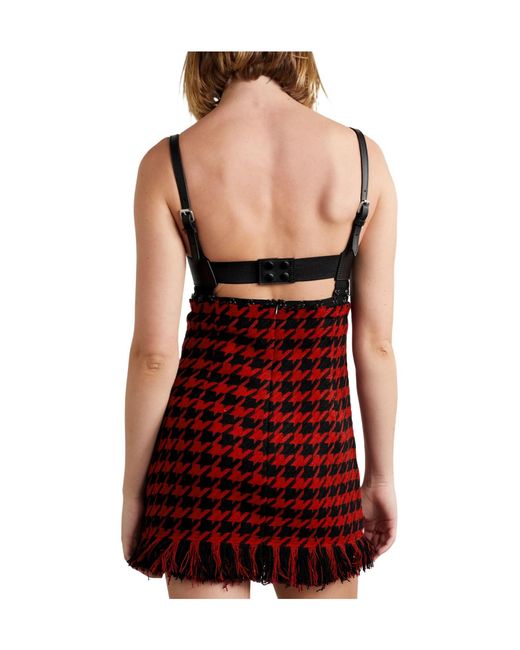 Monse Red Leather-Trimmed Fringed Knitted Mini Dress