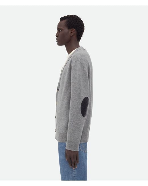 Bottega Veneta Gray Intrecciato Leather Patch Embellished Cardigan for men
