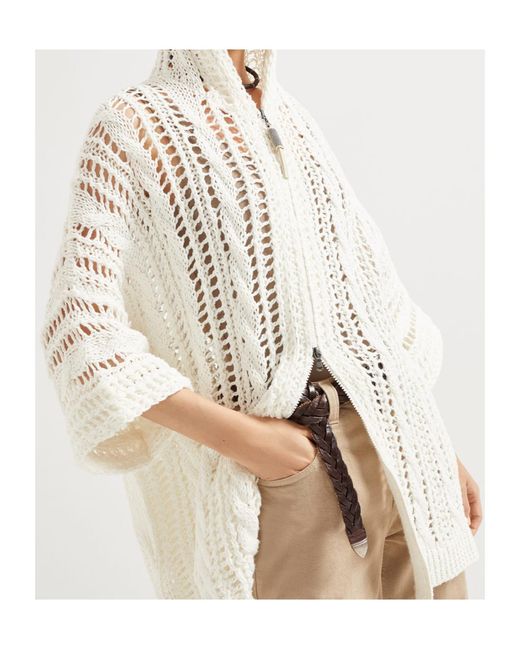 Brunello Cucinelli White Zip-Up Hooded Knitted Cardigan