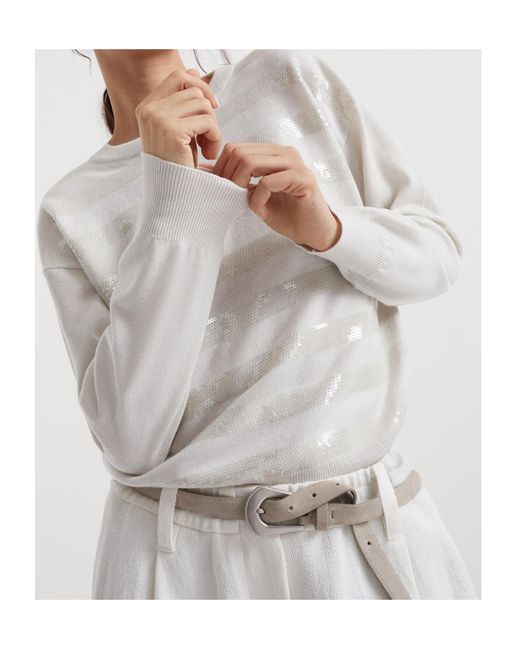 Brunello Cucinelli White Stripe Detailed Knitted Jumper