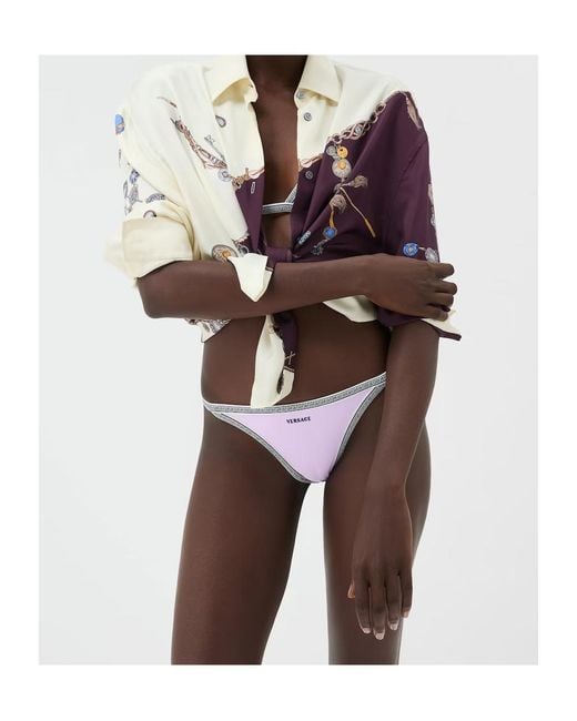 Versace Purple Embroidered-Logo Bikini Bottoms