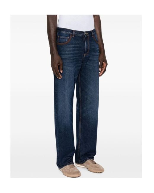 Etro Blue Logo-Patch Straight-Leg Jeans for men