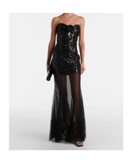 Rebecca Vallance Black Diana Sequined Mesh-Trimmed Gown