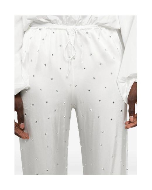 Oseree White Crystal-Embellished Drawstring Trousers