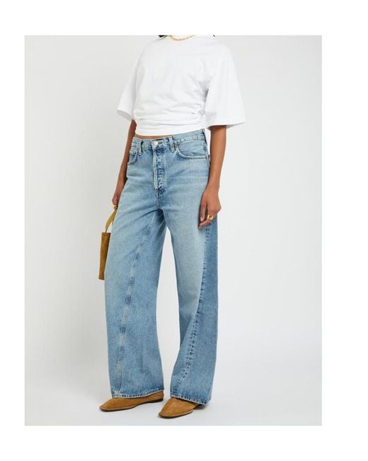 Agolde Blue Low Slung Baggy Distressed Wide-Leg Jeans