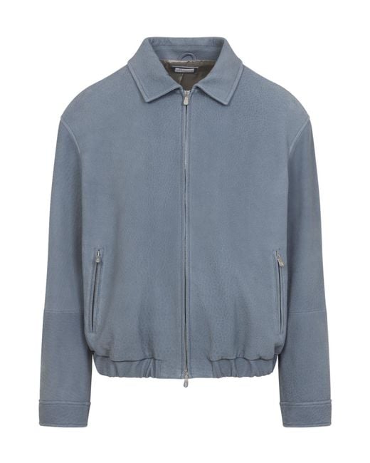 Brunello Cucinelli Blue Leather Jacket for men