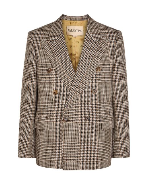 Valentino Brown Houndstooth Double-Breasted Wool Blazer for men